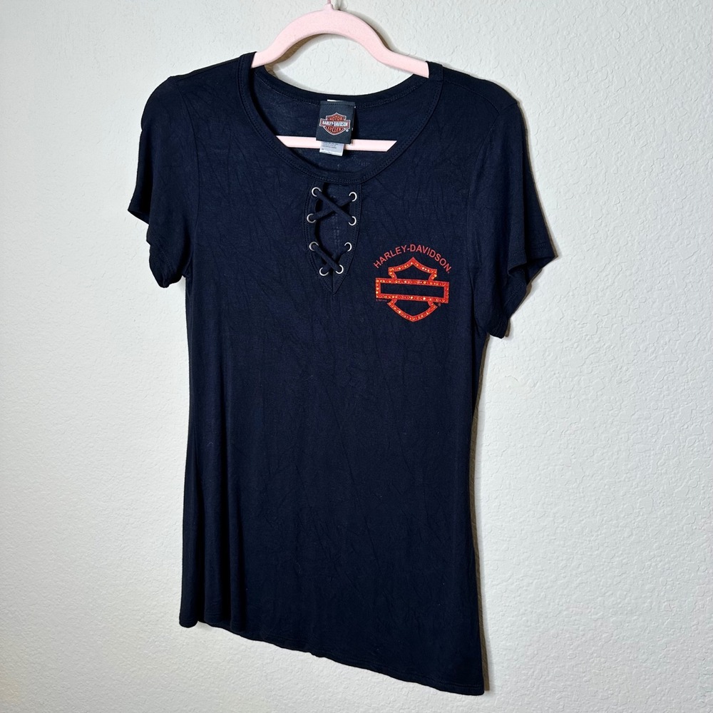 Harley-Davidson Women Black Lace Up Rhinestone #1 Logo Graphic Tee M Edgy Glam
